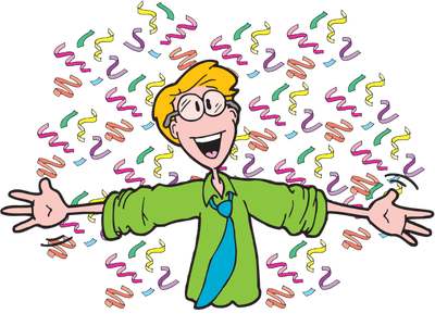 A delighted webinar attendee surrounded by confetti