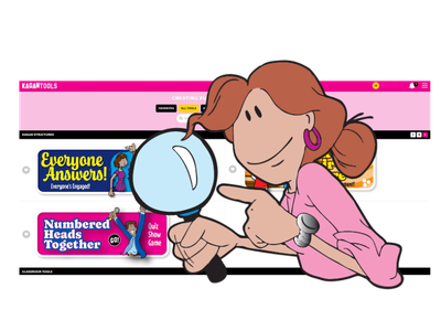 A teacher looking closely at KaganTools through a magnifying glass